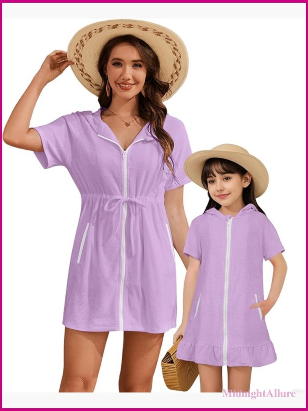Terry Cloth Hooded Zip Swim Cover Up Dress with Pockets Short Sleeve